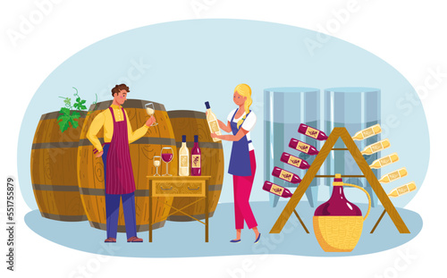 Winemaker sommelier farmer character hold wine glass, woman pour champagne bottle flat vector illustration, viticulture factory production.