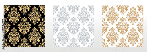 Wallpapers in the style of Baroque. Seamless vector backgrounds. Set of colored floral ornaments. Graphic patterns for fabric, wallpaper, packaging. Ornate Damask flower ornaments