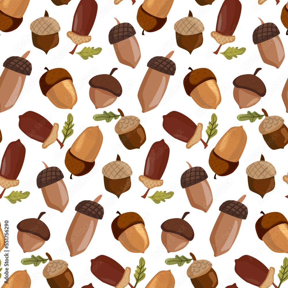 A pattern of acorns and leaves of different shapes and colors. The repeating acorns are arranged in an ornament, drawn in chaos. Suitable for printing on textiles and paper. Gift wrapping, clothing.