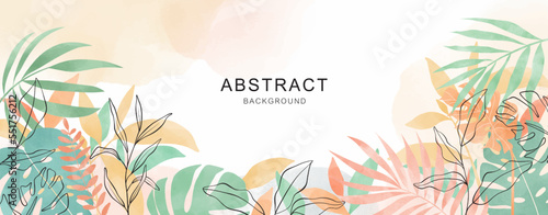 Abstract art nature background vector. Modern shape line art wallpaper. Boho foliage botanical tropical leaves and floral pattern design for summer sale banner.