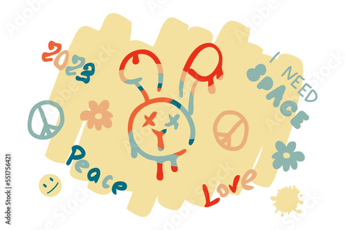 Modern dripping and rainbow bunny face and 2023 numbers print. Perfect for T-shirt, stickers, poster. Vector illustration for decor and design.