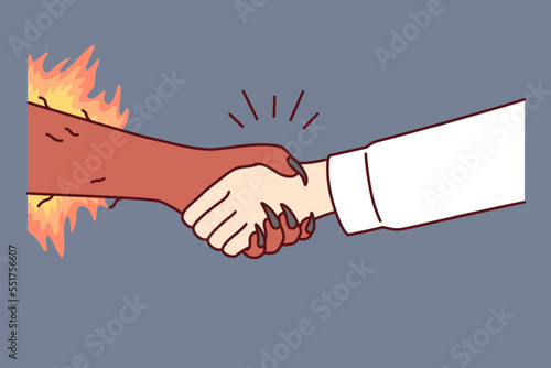 Handshake between man and devil symbolizes risky deal or dangerous business arrangement. Hand of human and demon is metaphor for bad contract or unethical way of managing company. Flat vector image