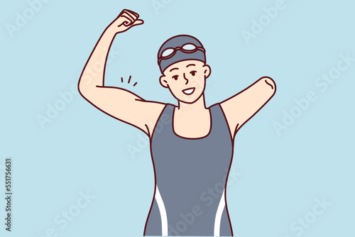 Woman swimmer with one arm demonstrates strength by raising fist and showing biceps as sign of victory in competition. Happy disabled girl dressed in swimsuit and swimming cap. Flat vector image