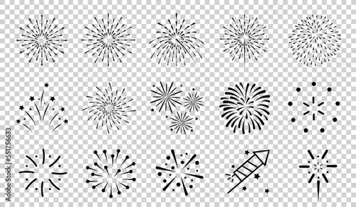 Different Flat Firework Icons Set - Vector Illustrations Isolated On Transparent Background