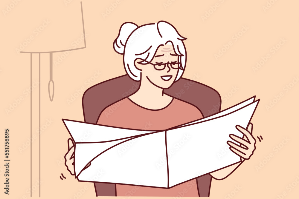 Elderly woman reads newspaper with latest news or announcements sitting in cozy home chair. Gray-haired mature lady in glasses is relaxing looking at favorite magazine. Flat vector illustration Elderly woman reads newspaper with latest news or announcements sitting in cozy home chair. Gray-haired mature lady in glasses is relaxing looking at favorite magazine. Flat vector illustration