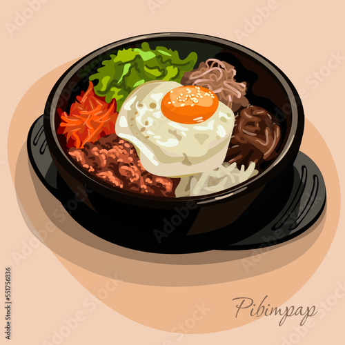 Illustration of an Asian Pibimpap on a plate with a decoration of green onions and lingonberries. On the table is a dish with chopsticks. Suitable for printing menus in a restaurant.