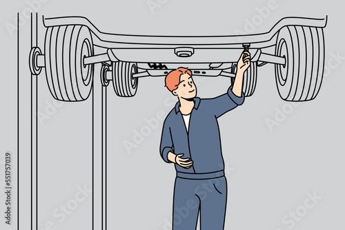 Automobile mechanic working under lifted car. Repairman doing repair, maintenance underneath auto in garage. Serviceman checking vehicle. Worker changing tires. Vector linear colored illustration.