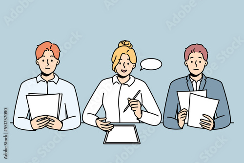 Bank employees offer to take loan, mortgage on favorable terms. Business partners, suppliers, lawyers have prepared to sign cooperation contract. Vector line art multicolored isolated illustration.