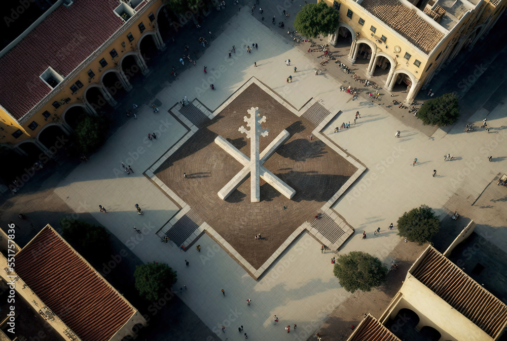 public squares in Guadalajara, Mexico, creating a cross in the distance, as seen from above. Generative AI