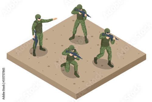 Isometric Attack Soldiers. Special force crew. Military concept for army, soldiers and war. Soldier holding a rifle.