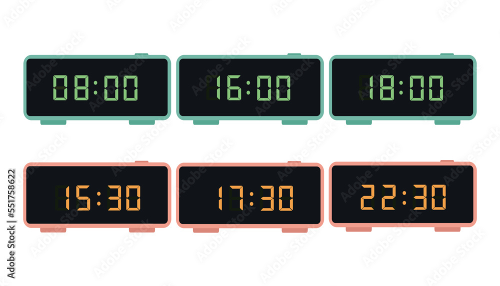 A set of digital clocks. Electronic numbers. Vector illustration.