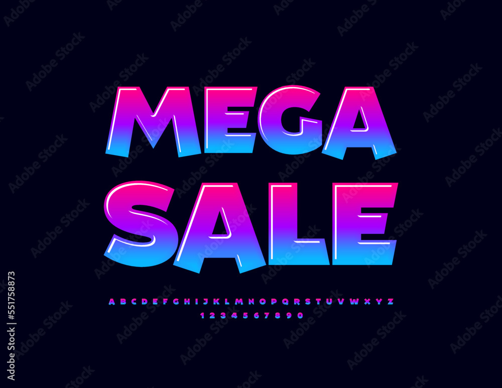 Vector promo bannerr Mega Sale. Bright modern Font. Colorful Alphabet Letters and Numbers set