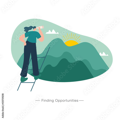 Young women using binocular finding opportunities concept illustration. suitable for web, banner, poster and landing page