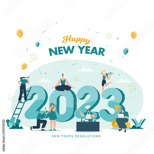 Happy new year 2023. 2023 Goals and resolutions concept illustration. tiny people having fun with their goals in 2023.