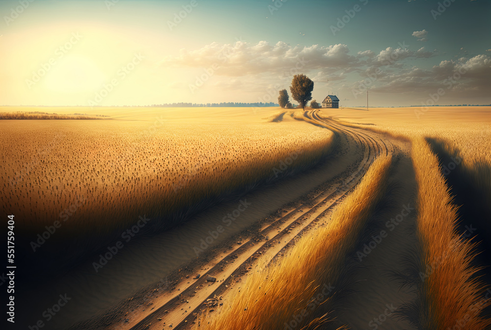 a wheat field with a dirt road. Generative AI