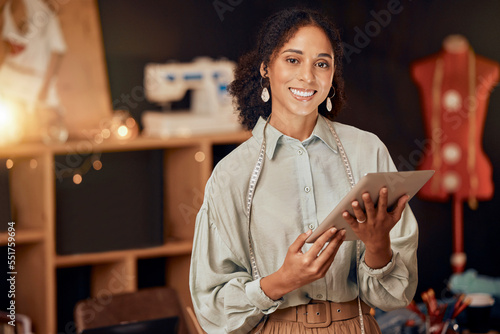 Konstfotografi Fashion designer, woman and tablet in in retail studio, manufacturing workshop or small business