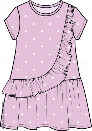 GIRLS POLKA DOT PATTERN KNIT DRESS WITH FRILL VECTOR