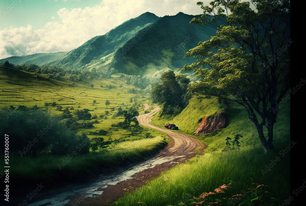 Short Road vertical picture of a lush valley and a short rural road. Generative AI ...