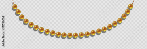 Gold beads on a white background. A beautiful chain of yellow color. Net beads are realistic. Decorative element from golden ball design