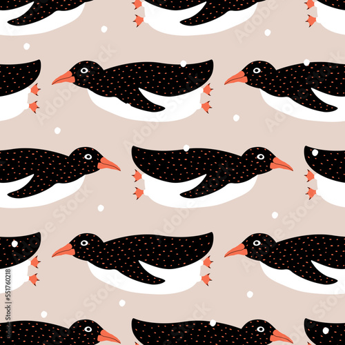 Cute swimming penguins and snowflakes hand drawn vector illustration. Adorable winter birds in flat style seamless pattern for kids fabric or wallpaper.