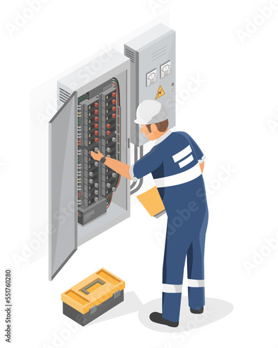 electricity box power technicians engineering checking service maintenance isometric isolated vector photo