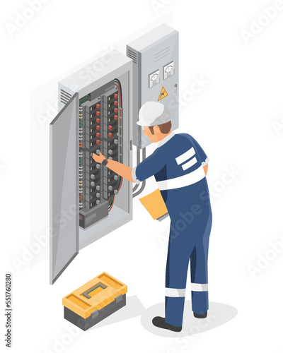 electricity box power technicians engineering checking service maintenance isometric isolated vector