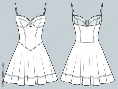 Corset mini Dress technical fashion Illustration. Dress with shoulder straps technical drawing template, slim fit, zip-up, front and back view, white color, CAD mockup.