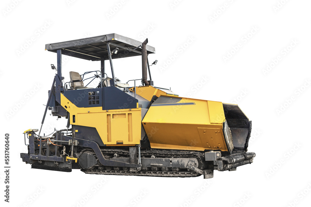 Powerful modern machine for the construction of asphalt roads on a white isolated background. Road construction machinery close-up. Element for design.