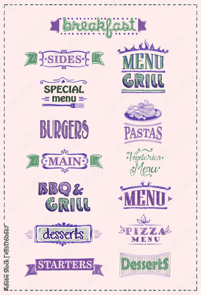 Fototapeta premium Assorted menu headlines set with signs and graphic elements