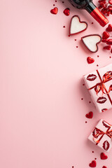 Valentine's Day concept. Top view vertical photo of wine bottle present boxes in wrapping with kiss lips pattern heart shaped candles and confetti on isolated pastel pink background with blank space