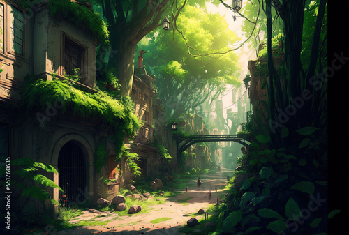 a narrow route in a lush area with buildings and lots of trees around it. Generative AI