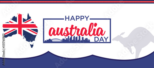 Australia day banner design for 26th of January. Abstract geometric banner for the national day of Australia in shapes of red and blue colors. Australian flag theme with Sydney landmark background. photo