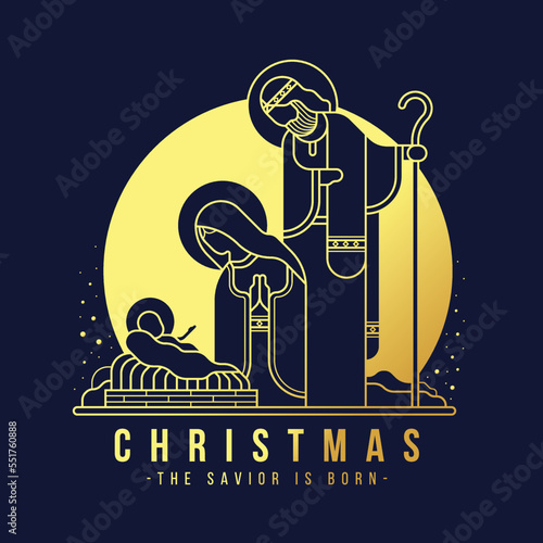 Merry Christmas the savior is born modern gold line The Nativity with mary and joseph in a manger with baby Jesus in circle on dark blue background vector illustration design