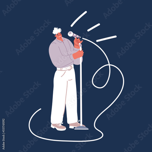 Cartoon vector illustration of Stand up comedian performance. Comedy show. A man with a microphone in his hands tells funny stories in public.