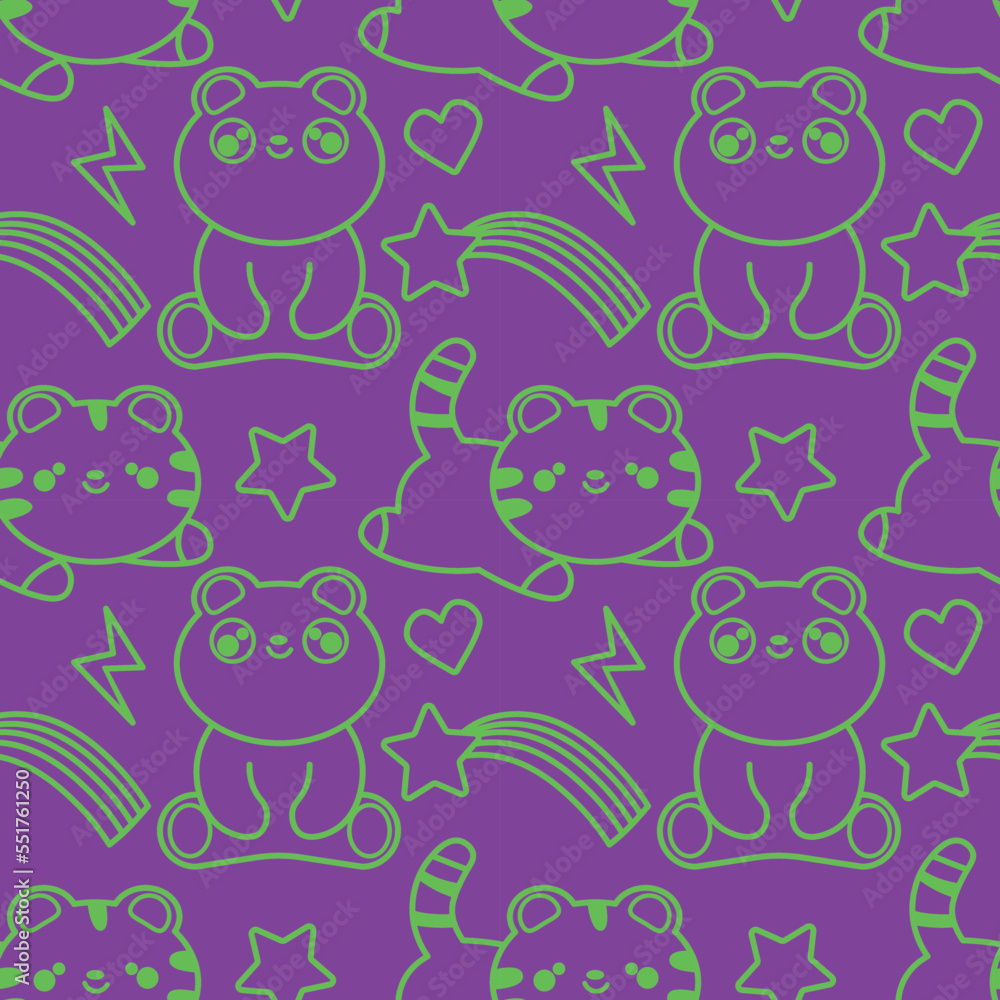 Obraz premium seamless pattern withanimals in kawaii line style. hand drawn vector illustration. Panda bear and tiger EPS