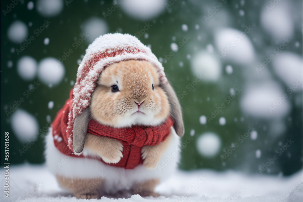 Little tiny bunny dressed up as Santa Claus on snowing