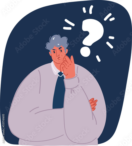 Cartoon vector illustration of Doubting man. Smart male character with questions marks, memory and solution, searching and thinking concept