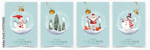 Set of Christmas and New Year greeting card with transparent christmas balls with Santa Claus, snowmans, snow, gifts and fir trees, isolated on white background.