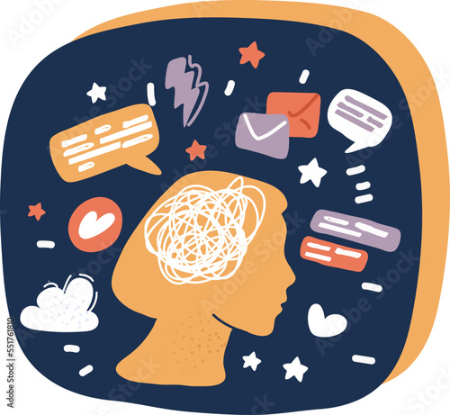 Cartoon vector illustration of Silhouette of human head with tangled line inside, like brain. Concept of chaotic thought process, confusion, personality disorder and depression.