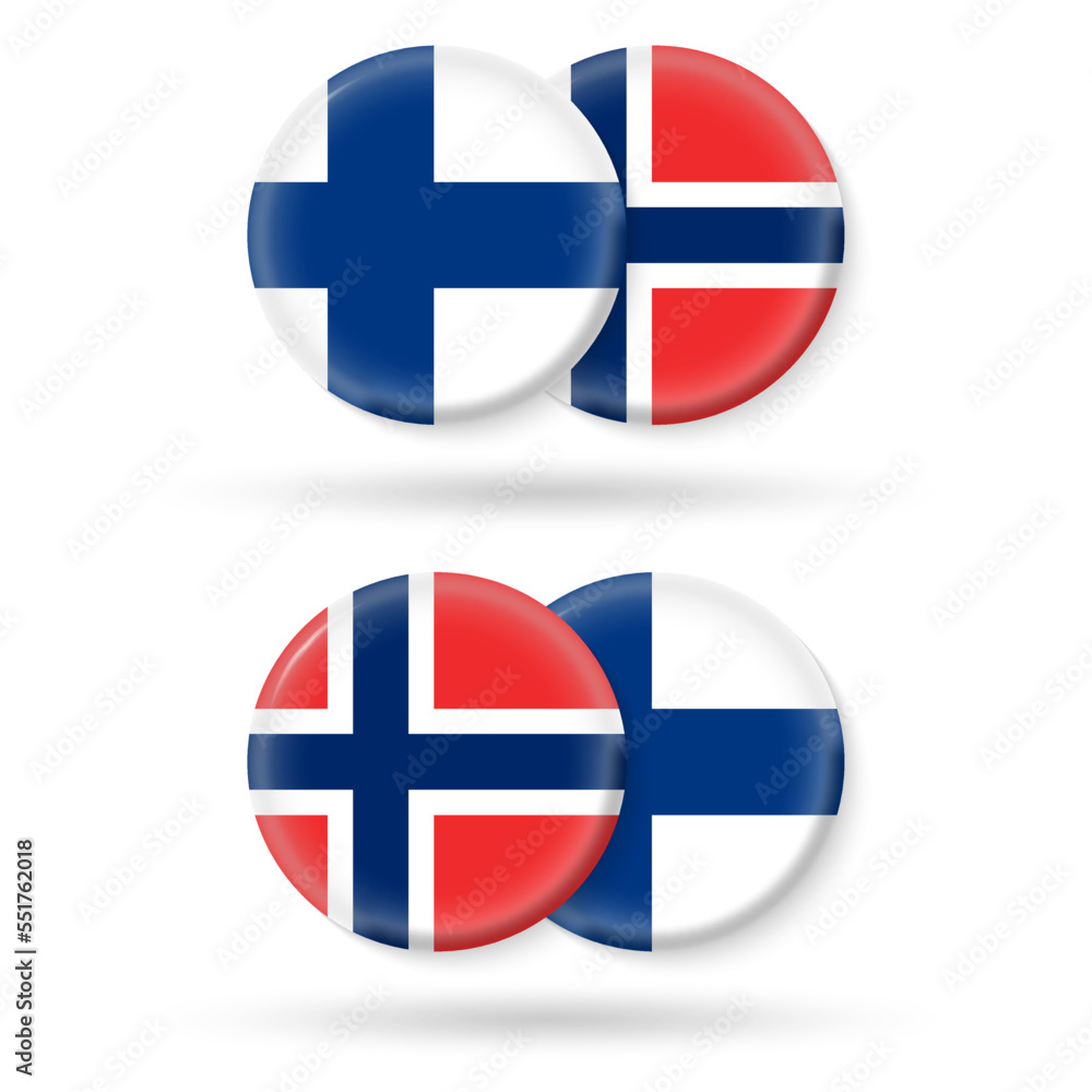 Norway and Finland circle flags. 3d icon. Round Finnish and Norwegian national symbols. Vector illustration.