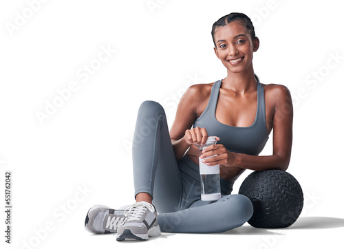 Print op canvas PNG Studio shot of a fit young woman drinking bottled water