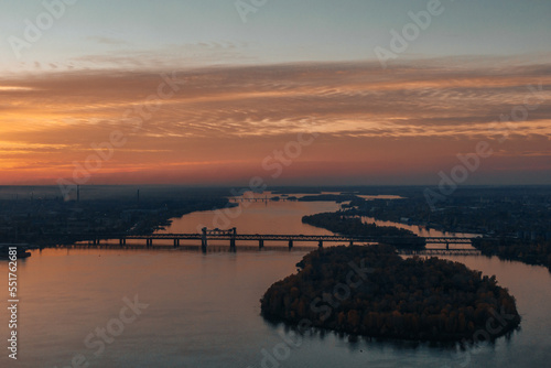 A beautiful sunset or dawn sky from a height above the city. Dnipro.Ukraine. Background picture. Dramatic evening cloud landscape in the city. Drone photography. Ukrainian city