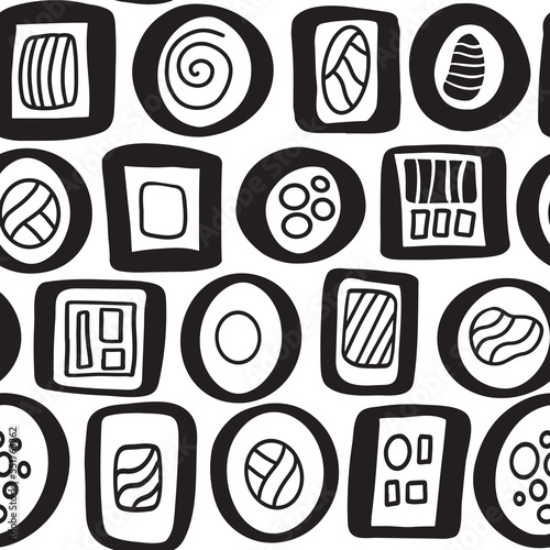 hand drawn abstract geometric sushi doodle Stylized seamless pattern background. Asian food black and white backdrop, wallpaper, print. repeat texture.
