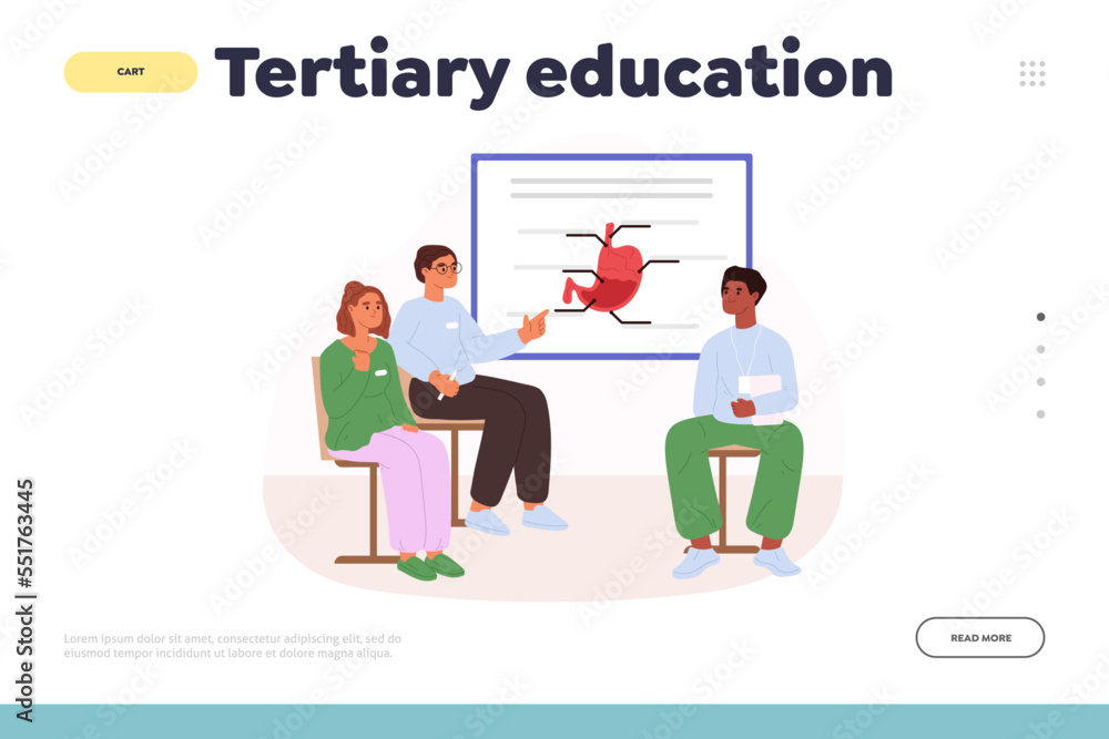 Tertiary education concept of landing page with medical college student in classroom discuss stomach