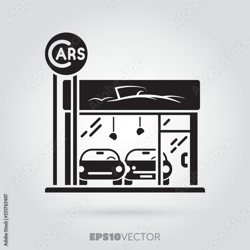 Car dealership glyph icon. Cute little automobiles storefront symbol. Solid black EPS 10 vector showroom building.