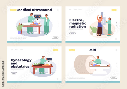 MRI screening and scanning patient concept of landing pages set with ill people doing ultrasound