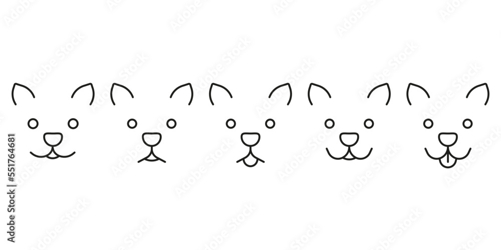 Dog and cat face set, pet head with different emotion, line icon. Dog