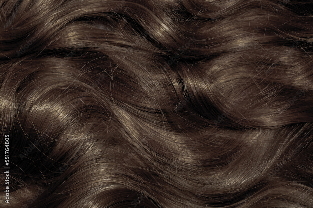 Brown hair close-up as a background. Women's long brown hair. Beautifully styled wavy shiny curls. Hair coloring. Hairdressing procedures, extension. Brown hair close-up as a background. Women's long brown hair. Beautifully styled wavy shiny curls. Hair coloring. Hairdressing procedures, extension.