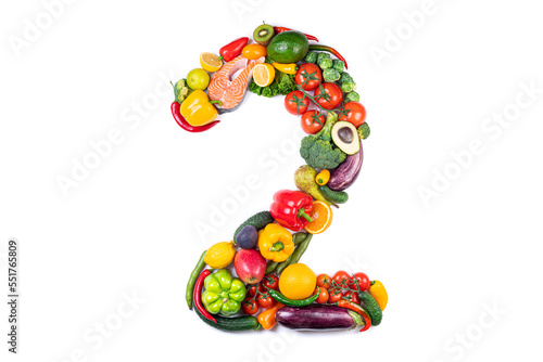 Number 2 made of healthy food. Healthy eating of vegetables, fruits and fish on white background. Food number 2 two isolated on white. Healthy food, balanced, food trends, sustainable concept