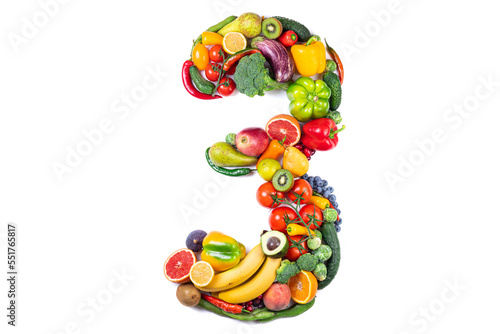 Number 3 made of healthy food. Healthy eating of vegetables, fruits and fish on white background. Food number 3 three isolated on white. Healthy food, balanced, food trends, sustainable concept